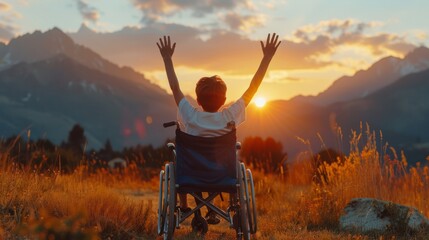 boy with raised hands sitting in a wheelchair and enjoying the sunset with mountains generative ai
