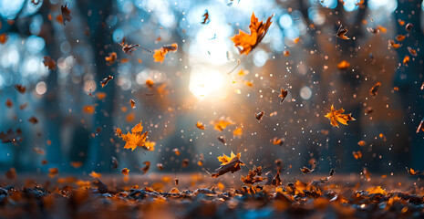 A beautiful autumn scene with leaves falling from trees