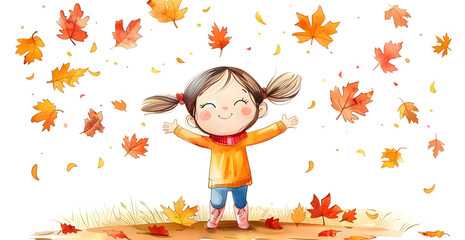 A girl is standing in a field of autumn leaves