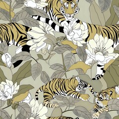 Powerful Tiger and Palm Leaf Textile Print