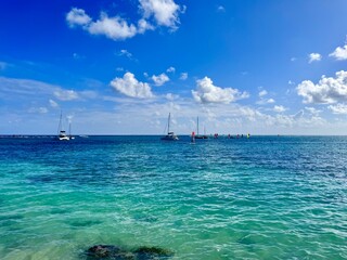 seascape of Guadeloupe in the French West Indies with a view of a turquoise colored lagoon with...