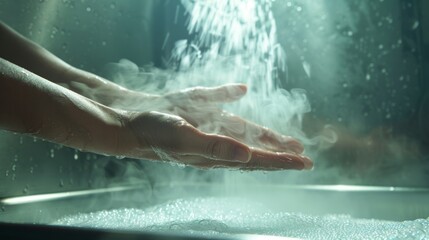 Fototapeta premium A persons hand being submerged in a cryotherapy chamber with steam rising from the cold air.