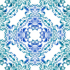 Azulejo spanish tile with flowers. Gorgeous seamless blue floral watercolor pattern tiles. Portuguese style ceramic tile design