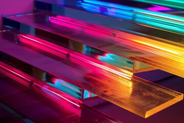 Vibrant abstract background with colorful neon lights reflecting on glass surfaces creating a futuristic and modern aesthetic.