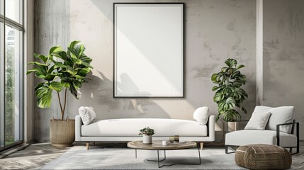 Fototapeta premium Living room design with blank poster on the wall. generative ai
