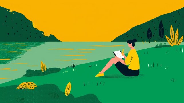A serene scene of a person journaling in a nature park promoting the mindfulness and mental health trend of digital detoxing