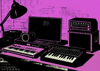 Digital Music Production Studio Illustration with Keyboard, Laptop, and Recording Equipment in Neon Purple Theme