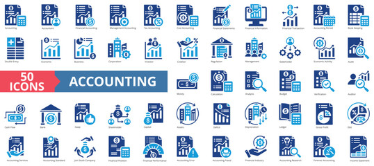 Accounting icon collection set. Containing economy, business, financial, management, tax, transaction, calculation icon. Simple flat vector illustration.
