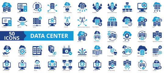 Data center icon collection set. Containing cloud computing, security, hosting, computer, internet, server, information technology icon. Simple flat vector illustration.
