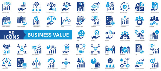 Business value icon collection set. Containing economic,shareholder,employee,customer,monetary,equity,profitability icon. Simple flat vector illustration.