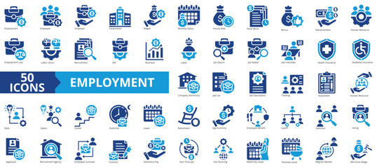Employment icon collection set. Containing recruitment, job, business, labor, job search, corporation, human resources icon. Simple flat vector illustration.