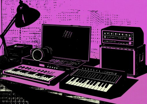 Digital Music Production Studio Illustration with Keyboard, Laptop, and Recording Equipment in Neon Purple Theme