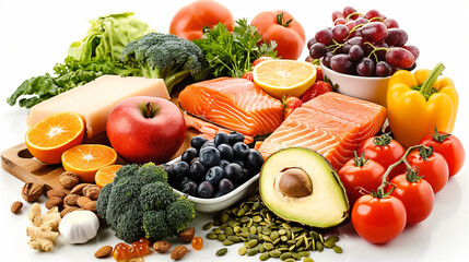 A variety of fruits and vegetables are displayed on a table, including apples, oranges, broccoli, and tomatoes