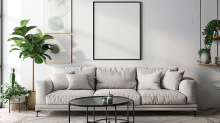 Living room design with blank poster on the wall. generative ai