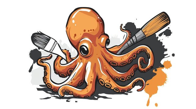 recommend clip art: an octupus riding a paint brush, vector art, simple, cartoon, vector logo