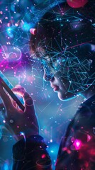 Metaverse and Blockchain Technology Concepts. Person with an Experiences of Metaverse Virtual World via Smart Phone. Futuristic Tone 