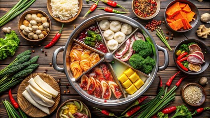 Top view of a traditional Chinese hot pot filled with a variety of fresh ingredients , hot pot, Chinese cuisine