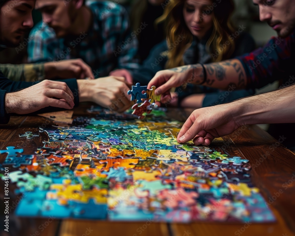 Poster diverse group collaborates on assembling colorful puzzle pieces closely with soft lighting