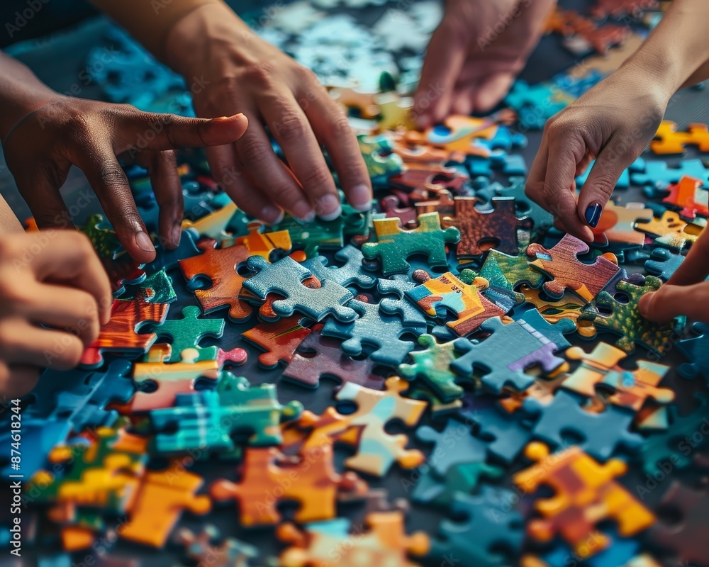 Poster diverse team solving intricate puzzle, symbolizing unity in achieving complex goals