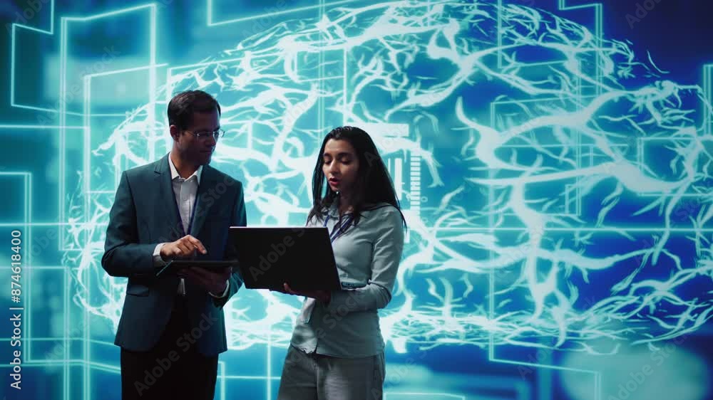 Poster teamworking colleagues using ai neural networks modeled after human brain to solve complex problems.