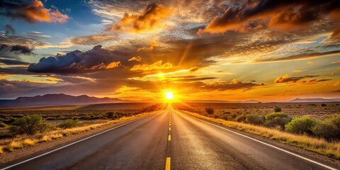 Sunset casting a warm glow over a deserted road , sunset, road, dusk, evening, horizon, orange, sky, clouds, serene