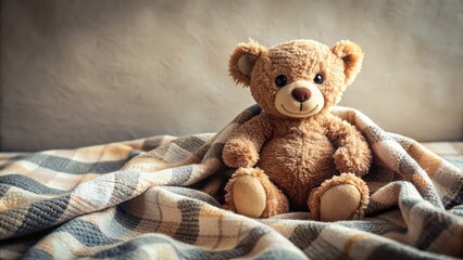 Teddy bear sitting on a cozy blanket , plush, toy, cuddly, cute, stuffed animal, soft, sitting, cozy, comfort, childhood