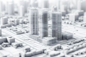 Detailed 3d wireframe print of urban city buildings project in architecture and real estate industry