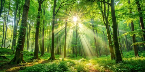 Fototapeta premium Sunlight streaming through lush green trees in a tranquil forest setting, sunlight, trees, nature, environment, forest