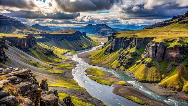 Spectacular landscape view of Thakgil mountains, canyon, and river in Iceland, Thakgil, mountains, canyon, river