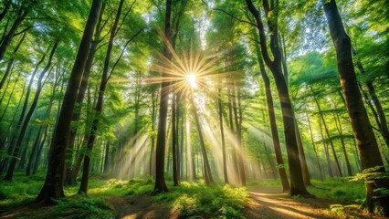 Sunlight filtering through the branches of a dense forest , Scenic, Nature, Trees, Sunbeams, Shadows, Foliage, Woods