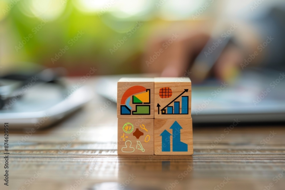 Poster wooden block with operational management icons optimizing business processes for sustained growth