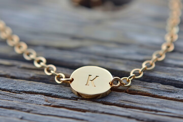 Golden Initial Anklet with K initial on wood Surface, Jewelry Design