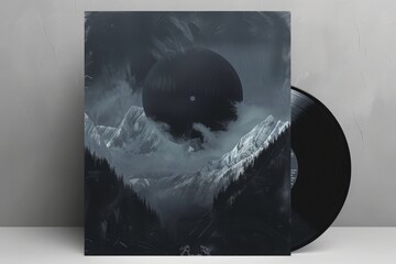 Vinyl record cover template, mockup, with a mountain landscape. Generative AI 
