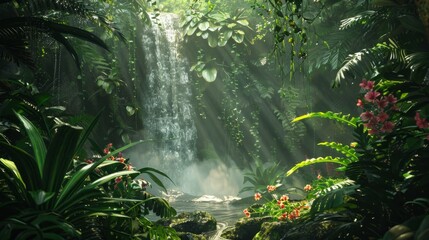 Obraz premium waterfall in the jungle, surrounded by lush vegetation and spring flowers generative ai