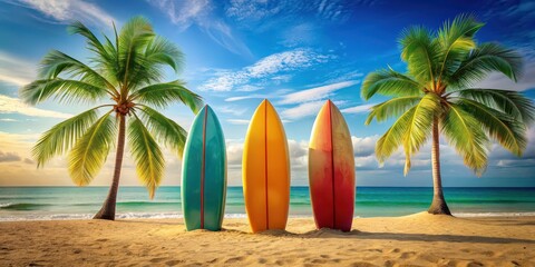 Three colorful surfboards on sandy beach with palm trees, surfing, surfboards, beach, tropical, palm trees, ocean