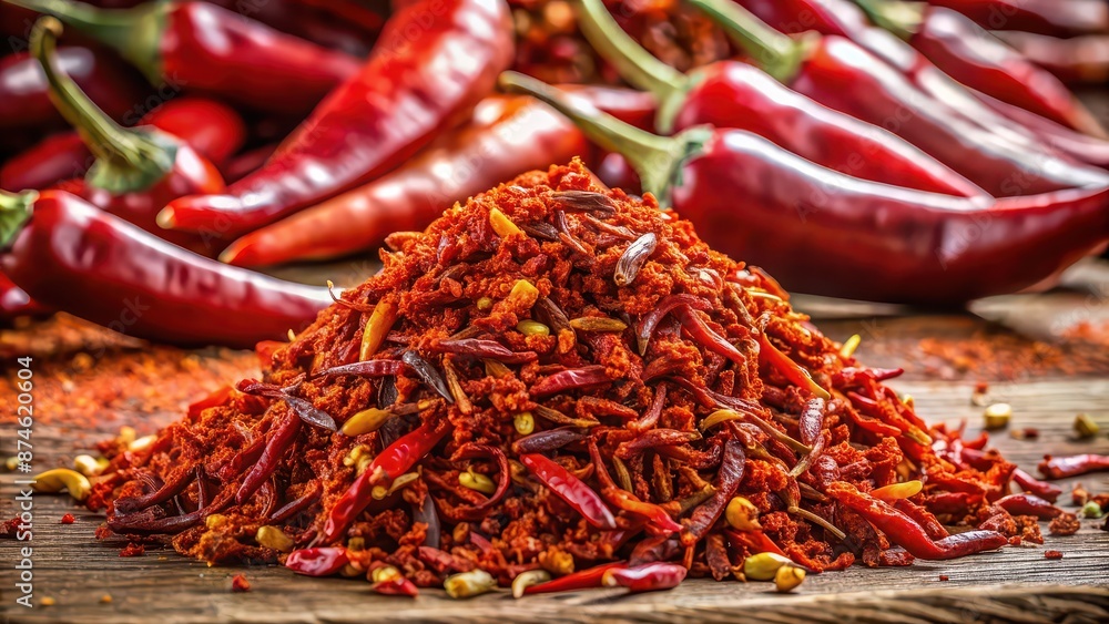 Canvas Prints Spicy red chili pepper flakes and dry paprika pile isolated on background, spicy, red, chili, pepper, flakes, dry, paprika