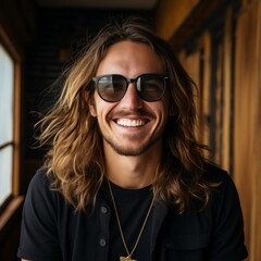 The image shows a young man with long hair and sunglasses. He is smiling and looking at the camera. The background is a blurred out image of a wooden wall.