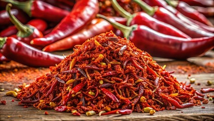 Fototapeta premium Spicy red chili pepper flakes and dry paprika pile isolated on background, spicy, red, chili, pepper, flakes, dry, paprika