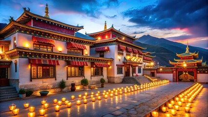 Tibetan monastery with lanterns for evening celebration, Tibet, monastery, Tibetan, lanterns, lights, celebration