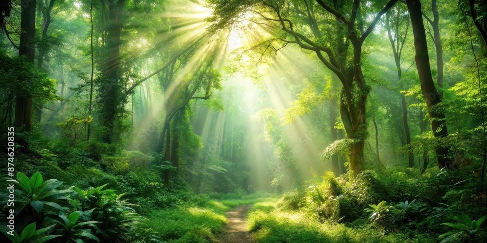 Canvas Prints Sunlight streaming through lush greenery in an ethereal forest scene, Forest, sunlight, archway, lush, greenery, trees