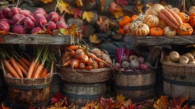 fall harvest preparation, preparing for thanksgiving with rustic baskets overflowing with carrots, beets, and potatoes fresh from the outdoor harvest