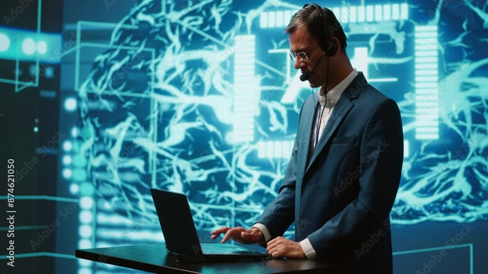 Poster speaker talking with audience during remote call online ai webinar hosting leading experts and resea