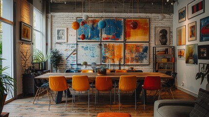 eclectic interior design, eclectic dining room with vibrant abstract paintings for a funky and fresh interior design vibe