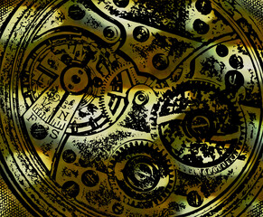 Clock mechanism and many gears.
The complex mechanism of a pocket watch, on which sunlight falls in patches.