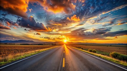 Sunset over breathtaking landscape with an empty asphalt highway road , sunset, beautiful, scenery, landscape, empty, asphalt