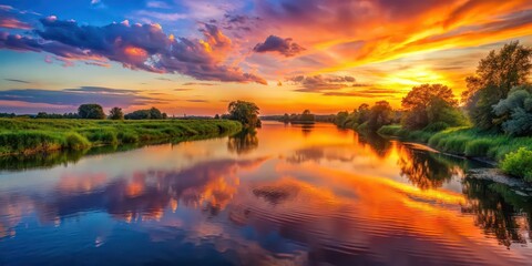 Sunset casting a colorful glow over a tranquil river, sunset, river, sun, water, reflection, evening, dusk, peaceful, calm, nature