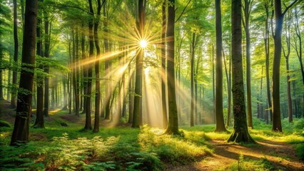 Obraz premium Sunlight filtering through dense trees in a lush forest , nature, sunlight, trees, greenery, forest, serene, tranquil