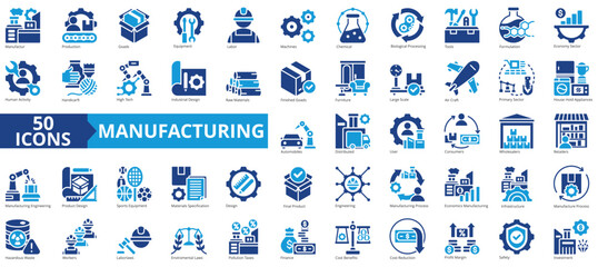 Manufacturing icon collection set. Containing manufacture, production, goods, product, management, business, infrastructure icon. Simple flat vector illustration.