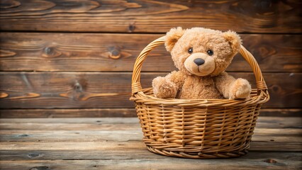 Obraz premium Teddy bear sitting in a rustic basket , teddy bear, stuffed animal, cute, toy, basket, rustic, home decor, childhood