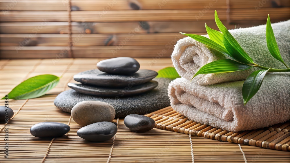 Poster Spa still life with smooth stones arranged on a towel , relaxation, tranquility, wellness, spa, beauty, balance, harmony